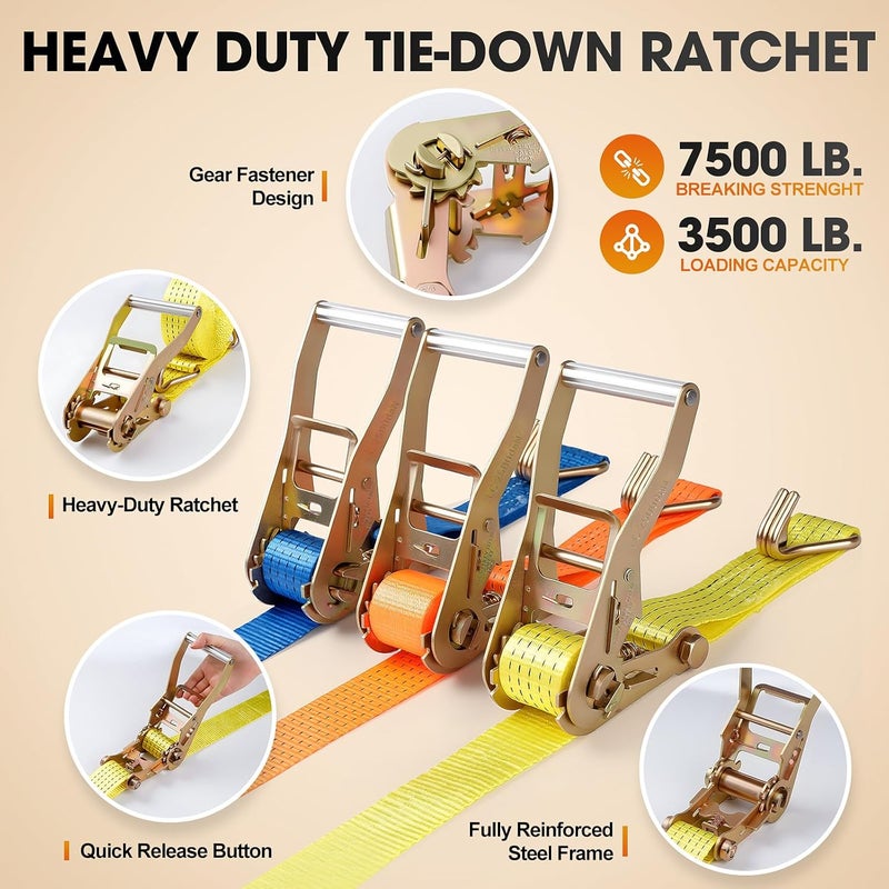 EVANCENT 2Pack Ratchet Straps Heavy Duty-2 Inch x 20 Feet(7,500lb Break Strength), Tie-Down Ratcheting with J-Hook Cargo Straps Tiedown Ratchet for Moving and Transports with Trailers, Pickup, Flatbed Trucks - Image 4